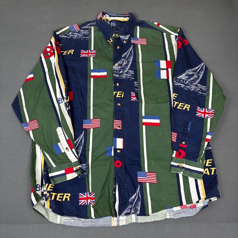 Vintage Nautica Blue Water Flag AOP Sailing Button Down Shirt Men's Size XL